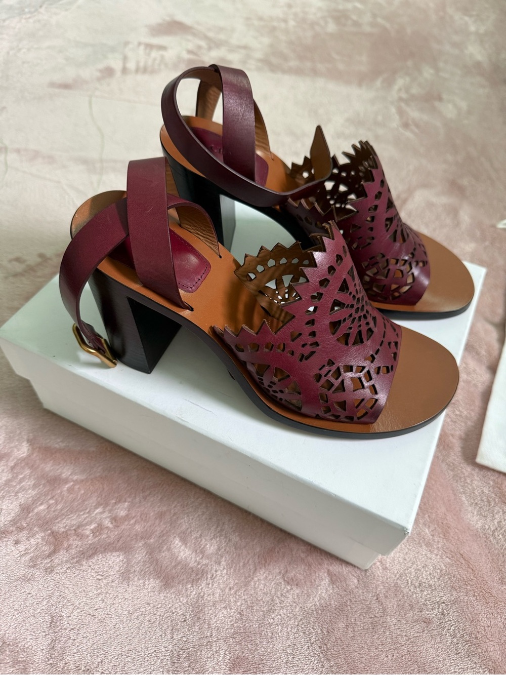 Chloe Women’s Burgundy Cutout Block Heel Sandals